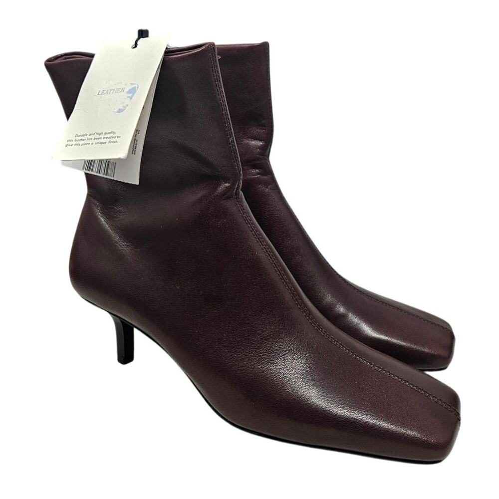 NEW Mango MNG 37 Dark Chocolate Brown Leather Kitten Heel Square Toe Boot